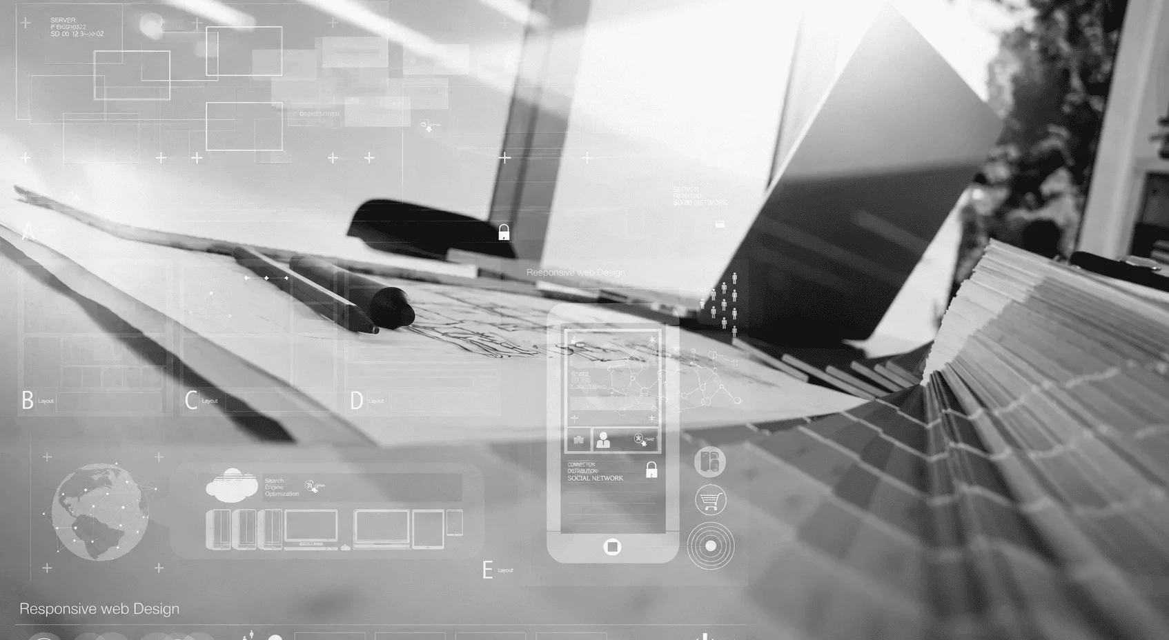 Designer sketching beside colour swatches with digital interface overlay