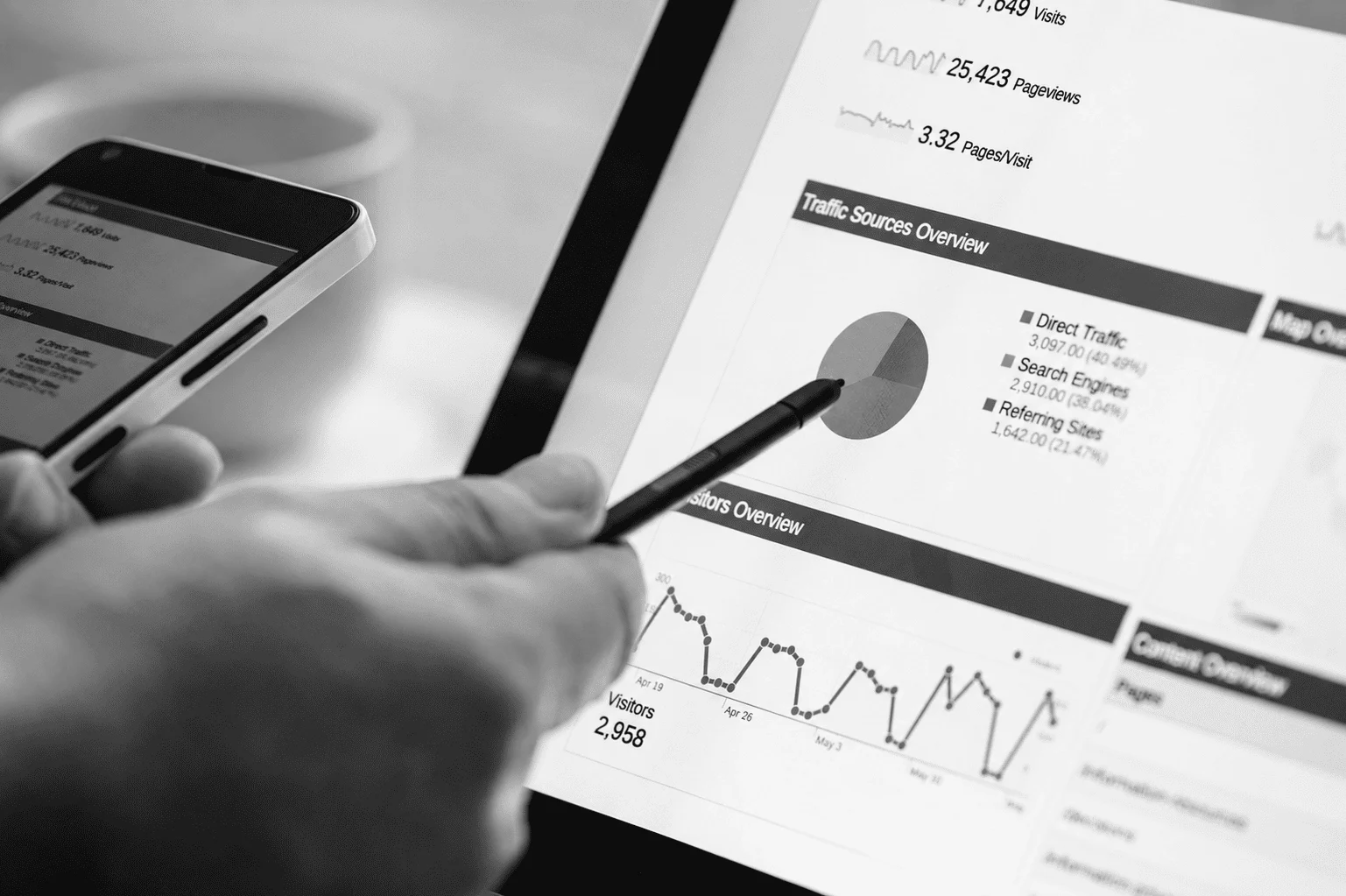 Person reviewing website traffic analytics on tablet