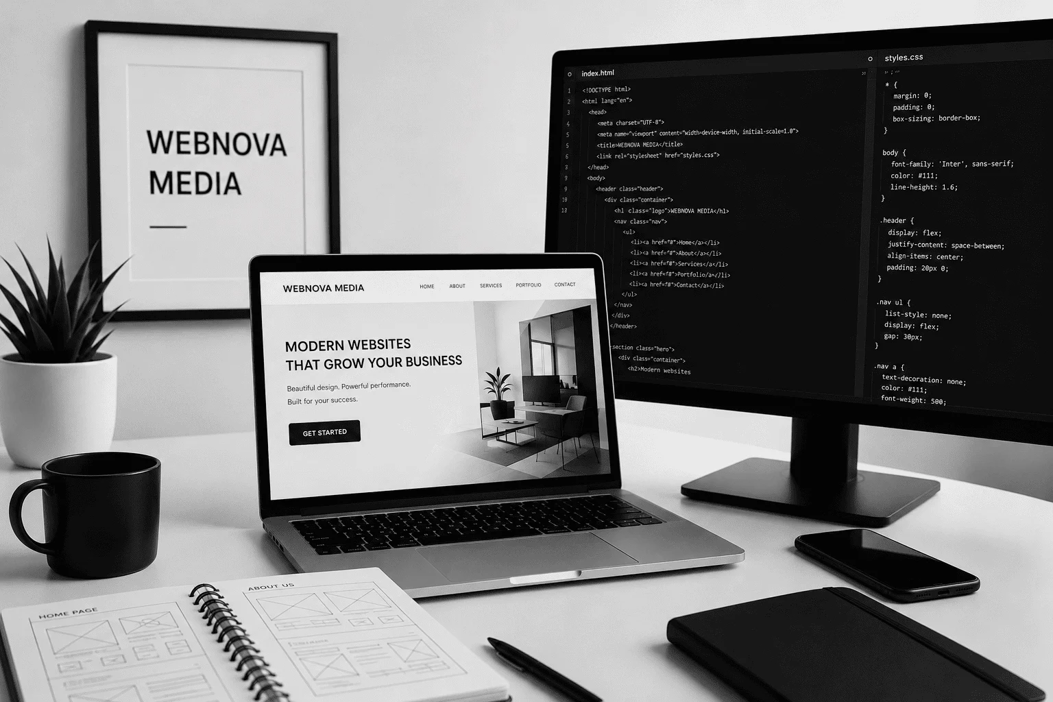 Web design workspace with laptop, code monitor and wireframes