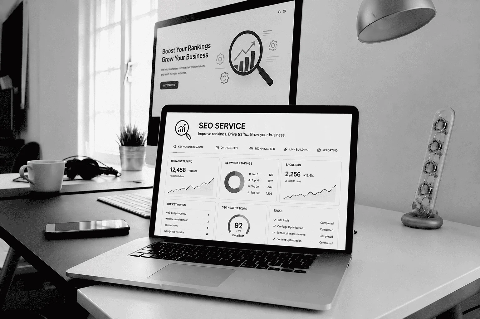 Laptop displaying SEO analytics dashboard in modern office