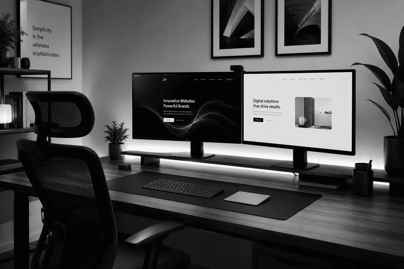 Modernt hemmakontor med dubbla bildskärmar och ergonomisk stol
